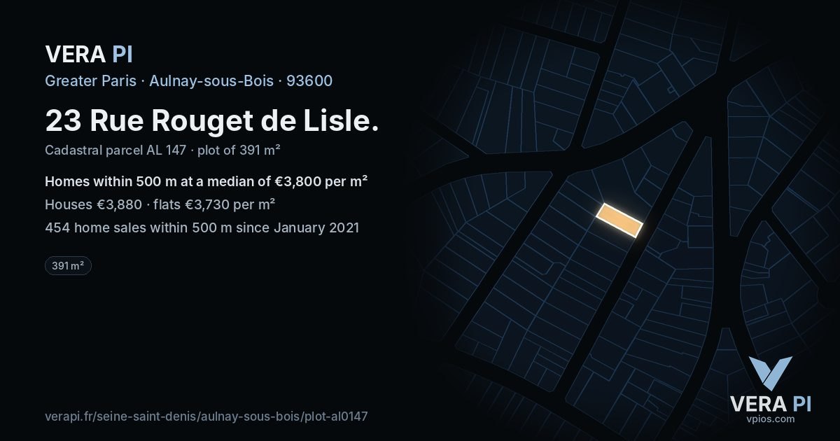 23 Rue Rouget de Lisle, Aulnay-sous-Bois at night – the plot lit, the parcels around coloured by the prices near them