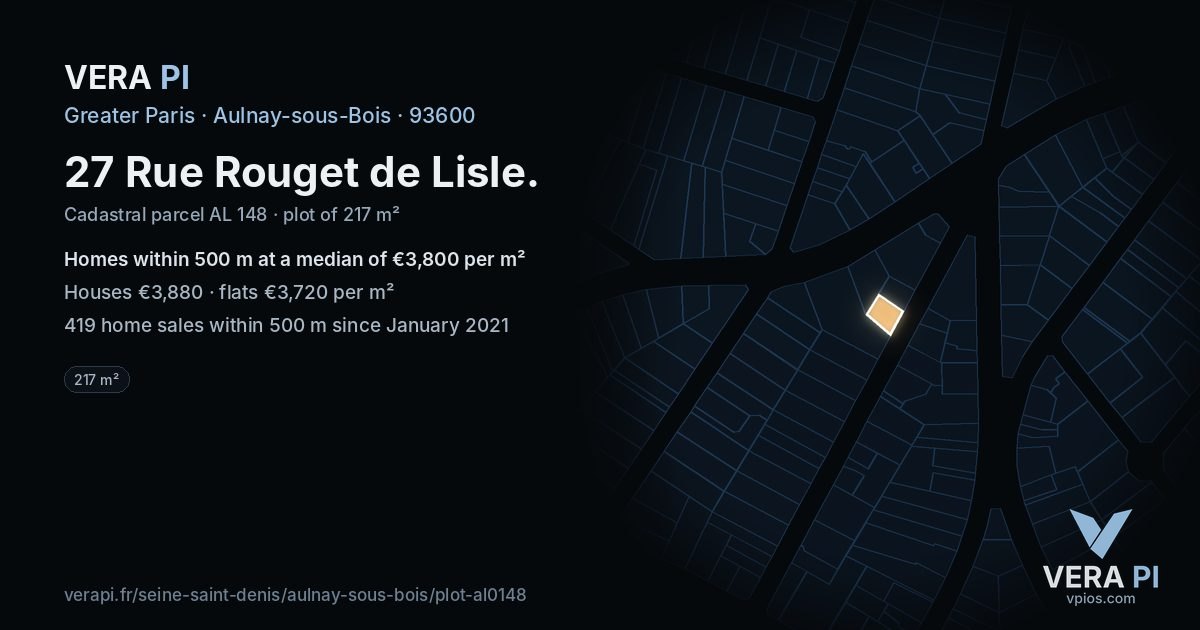27 Rue Rouget de Lisle, Aulnay-sous-Bois at night – the plot lit, the parcels around coloured by the prices near them
