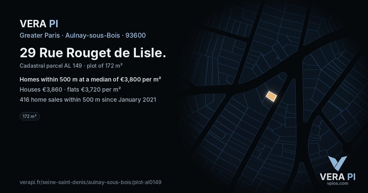 29 Rue Rouget de Lisle, Aulnay-sous-Bois at night – the plot lit, the parcels around coloured by the prices near them