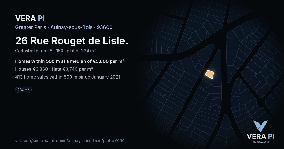 26 Rue Rouget de Lisle, Aulnay-sous-Bois at night – the plot lit, the parcels around coloured by the prices near them