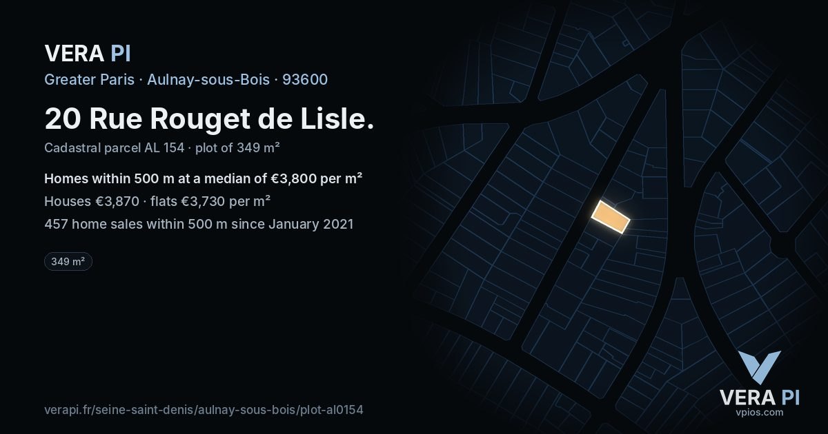 20 Rue Rouget de Lisle, Aulnay-sous-Bois at night – the plot lit, the parcels around coloured by the prices near them