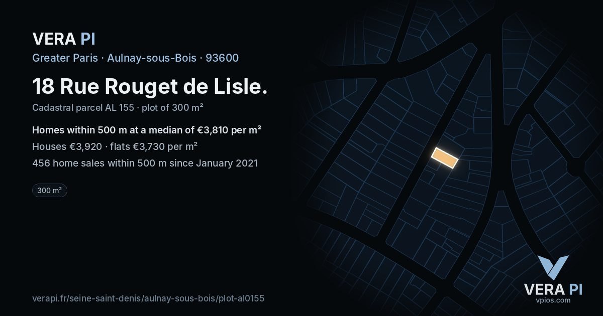 18 Rue Rouget de Lisle, Aulnay-sous-Bois at night – the plot lit, the parcels around coloured by the prices near them