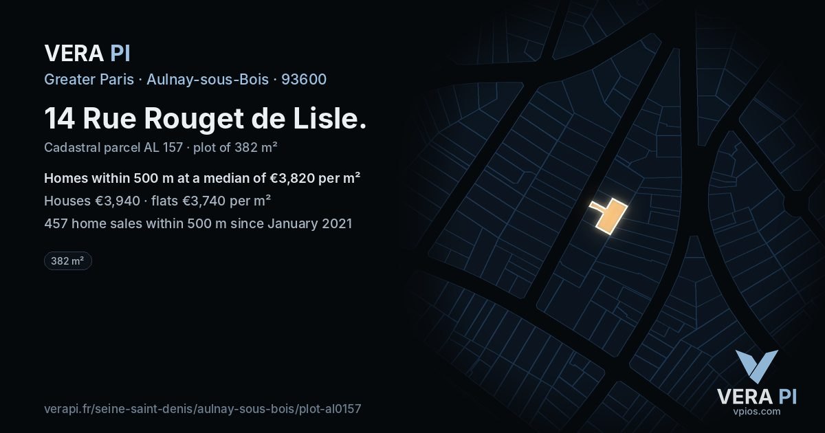 14 Rue Rouget de Lisle, Aulnay-sous-Bois at night – the plot lit, the parcels around coloured by the prices near them