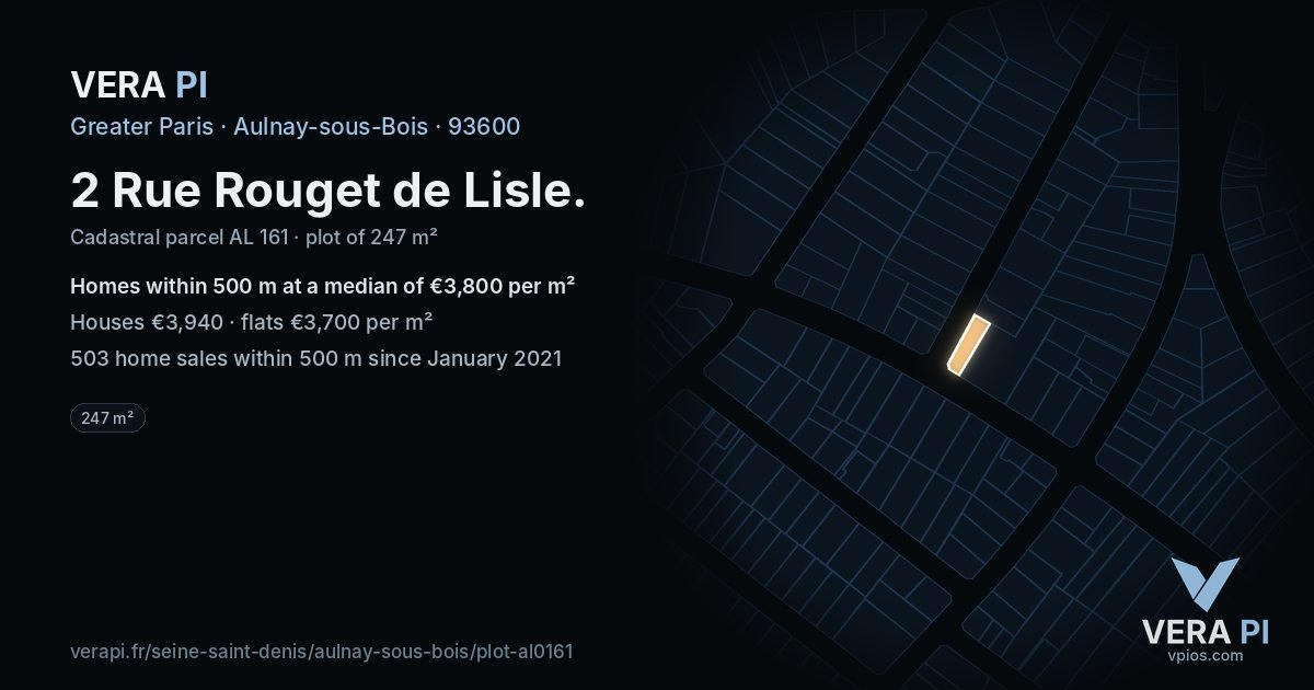 2 Rue Rouget de Lisle, Aulnay-sous-Bois at night – the plot lit, the parcels around coloured by the prices near them