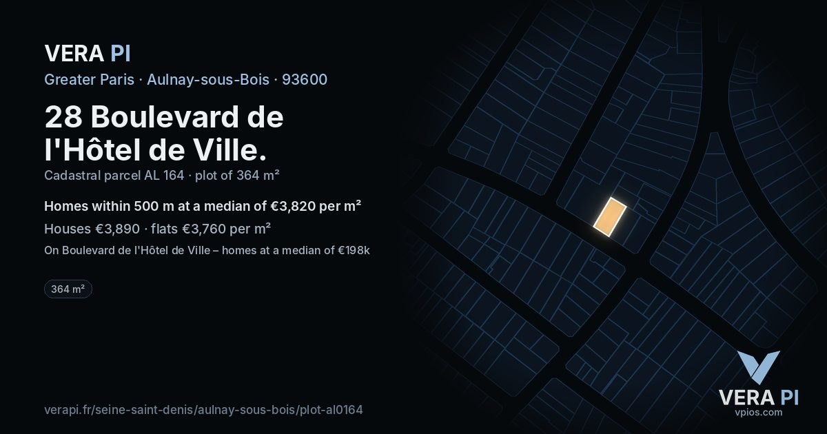 28 Boulevard de l'Hôtel de Ville, Aulnay-sous-Bois at night – the plot lit, the parcels around coloured by the prices near them