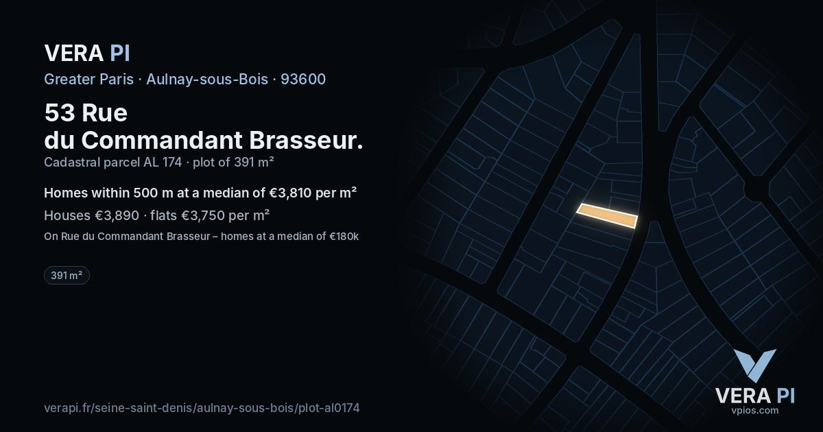 53 Rue du Commandant Brasseur, Aulnay-sous-Bois at night – the plot lit, the parcels around coloured by the prices near them