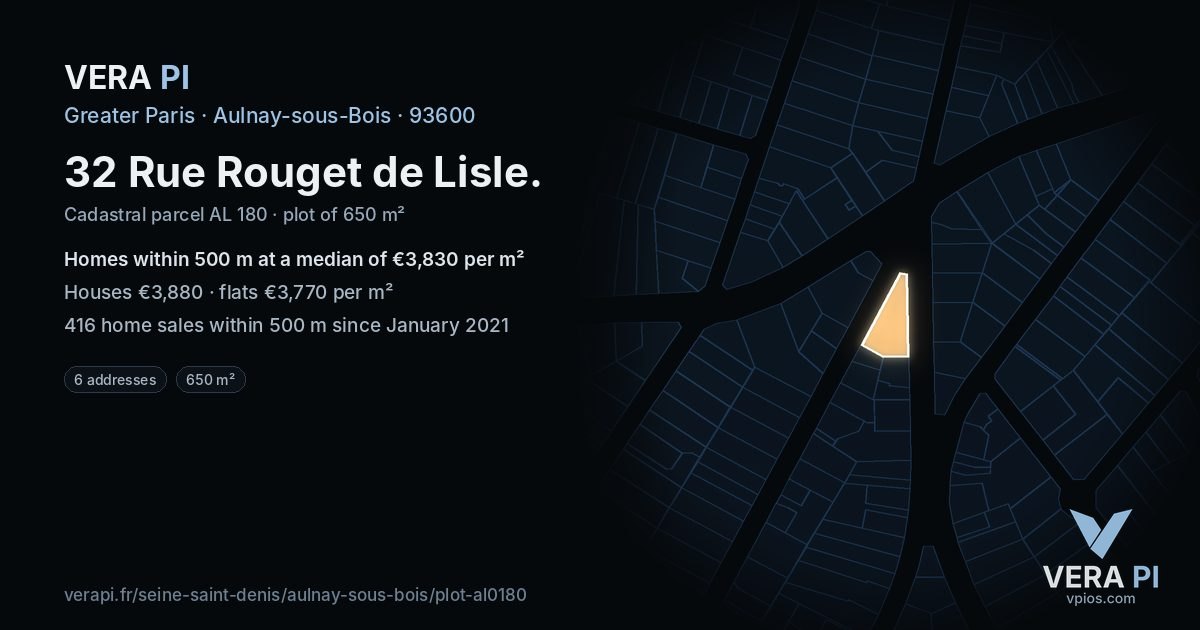 32 Rue Rouget de Lisle, Aulnay-sous-Bois at night – the plot lit, the parcels around coloured by the prices near them