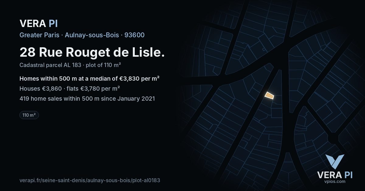 28 Rue Rouget de Lisle, Aulnay-sous-Bois at night – the plot lit, the parcels around coloured by the prices near them