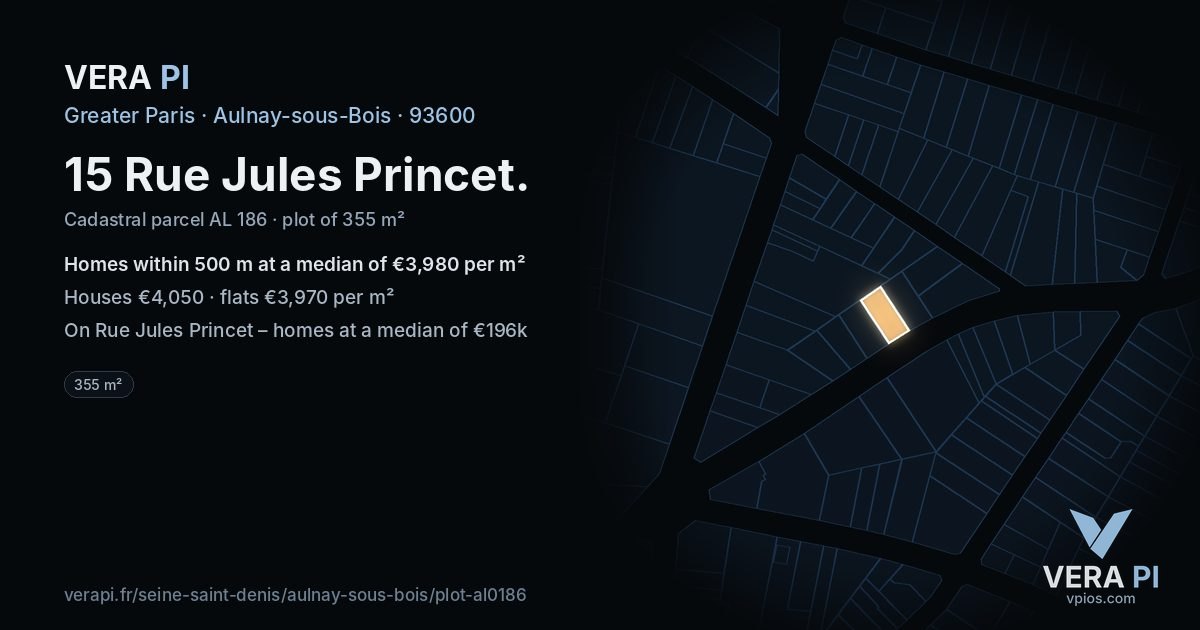 15 Rue Jules Princet, Aulnay-sous-Bois at night – the plot lit, the parcels around coloured by the prices near them