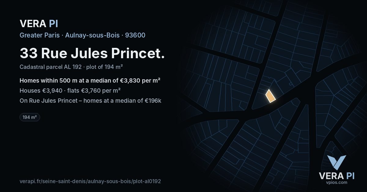 33 Rue Jules Princet, Aulnay-sous-Bois at night – the plot lit, the parcels around coloured by the prices near them