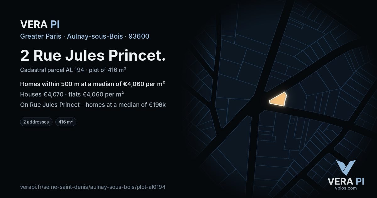 2 Rue Jules Princet, Aulnay-sous-Bois at night – the plot lit, the parcels around coloured by the prices near them