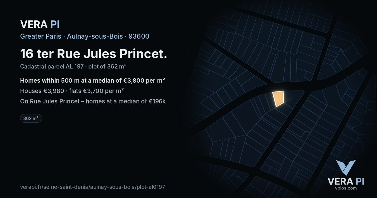 16 ter Rue Jules Princet, Aulnay-sous-Bois at night – the plot lit, the parcels around coloured by the prices near them