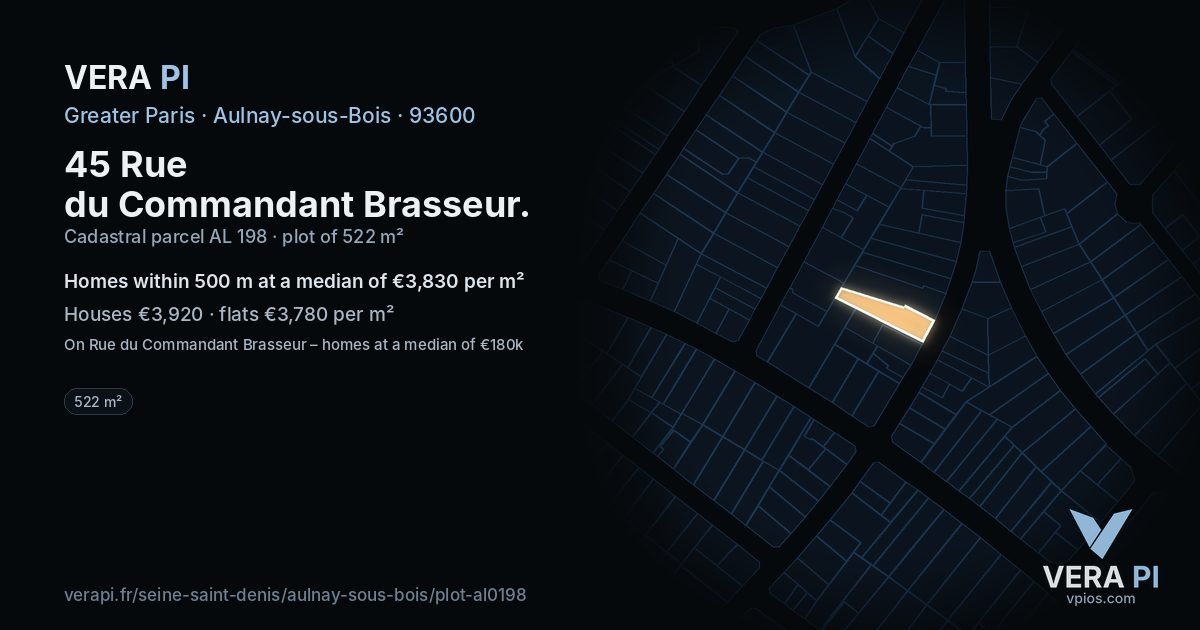 45 Rue du Commandant Brasseur, Aulnay-sous-Bois at night – the plot lit, the parcels around coloured by the prices near them
