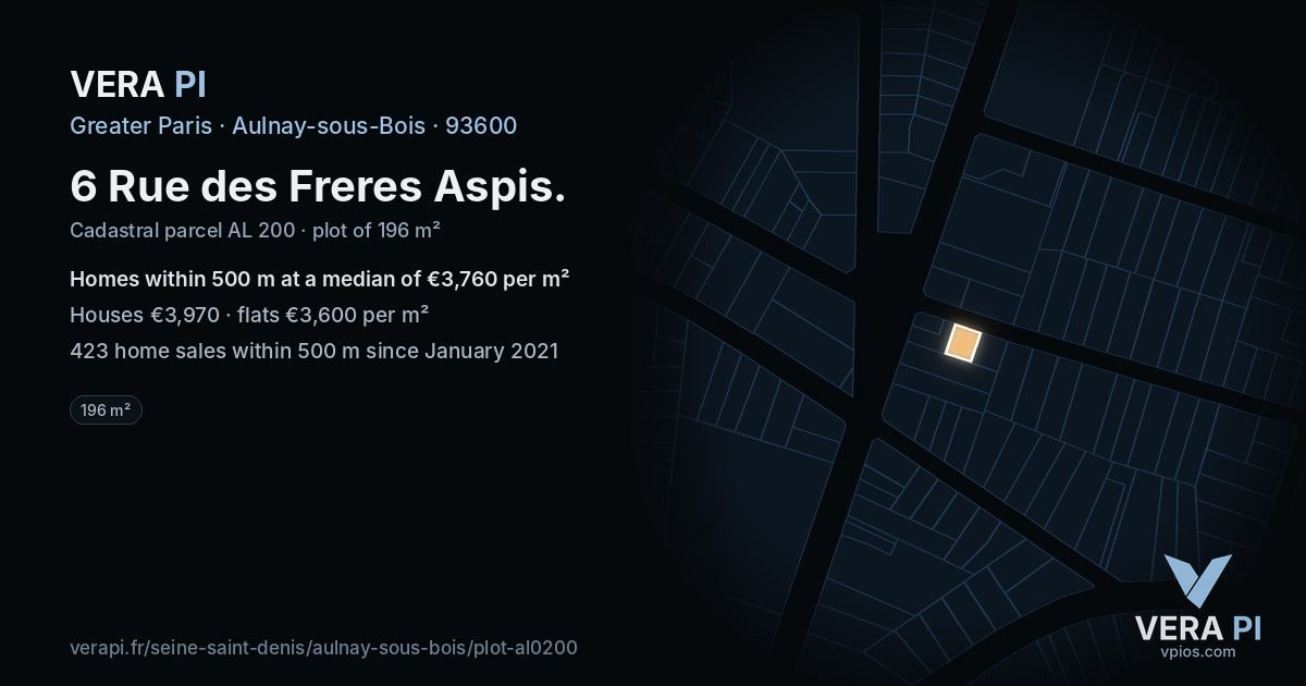 6 Rue des Freres Aspis, Aulnay-sous-Bois at night – the plot lit, the parcels around coloured by the prices near them