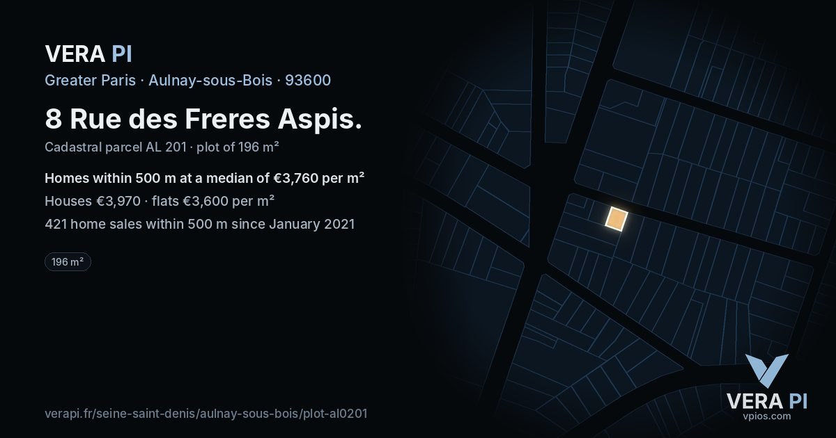 8 Rue des Freres Aspis, Aulnay-sous-Bois at night – the plot lit, the parcels around coloured by the prices near them