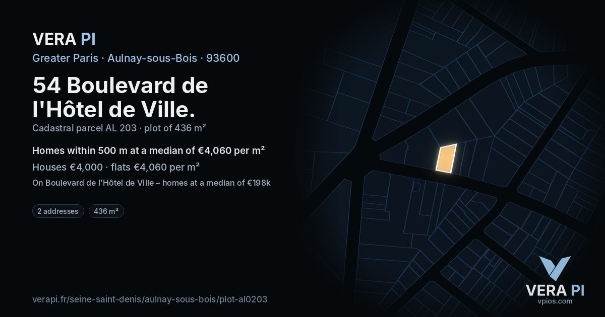 54 Boulevard de l'Hôtel de Ville, Aulnay-sous-Bois at night – the plot lit, the parcels around coloured by the prices near them