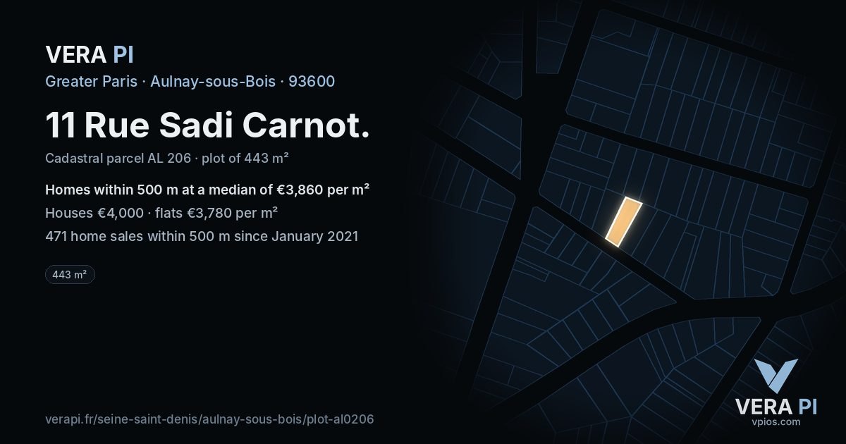 11 Rue Sadi Carnot, Aulnay-sous-Bois at night – the plot lit, the parcels around coloured by the prices near them