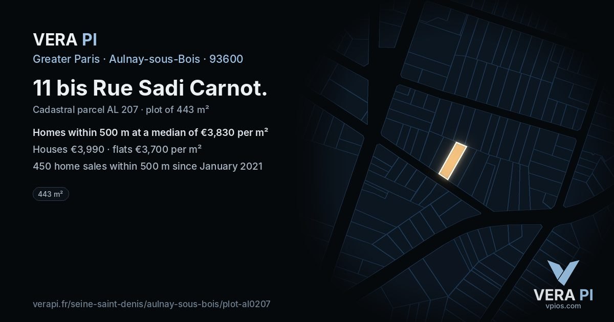 11 bis Rue Sadi Carnot, Aulnay-sous-Bois at night – the plot lit, the parcels around coloured by the prices near them