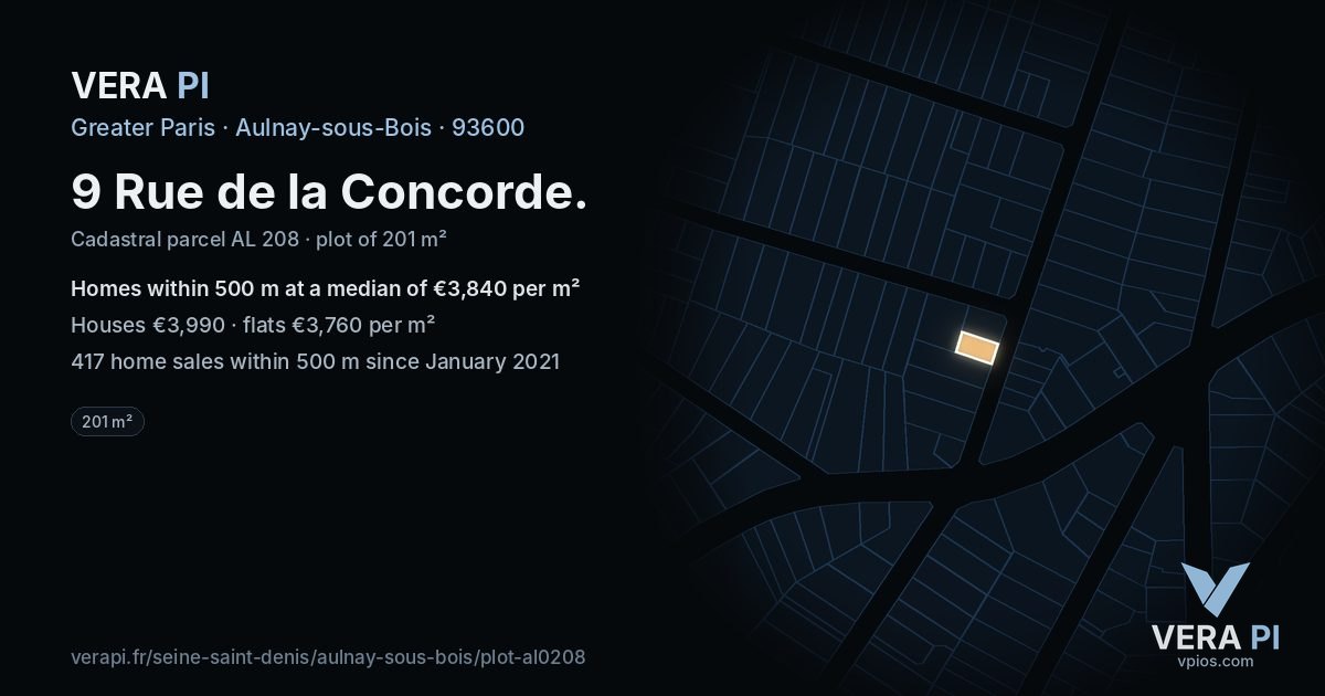 9 Rue de la Concorde, Aulnay-sous-Bois at night – the plot lit, the parcels around coloured by the prices near them