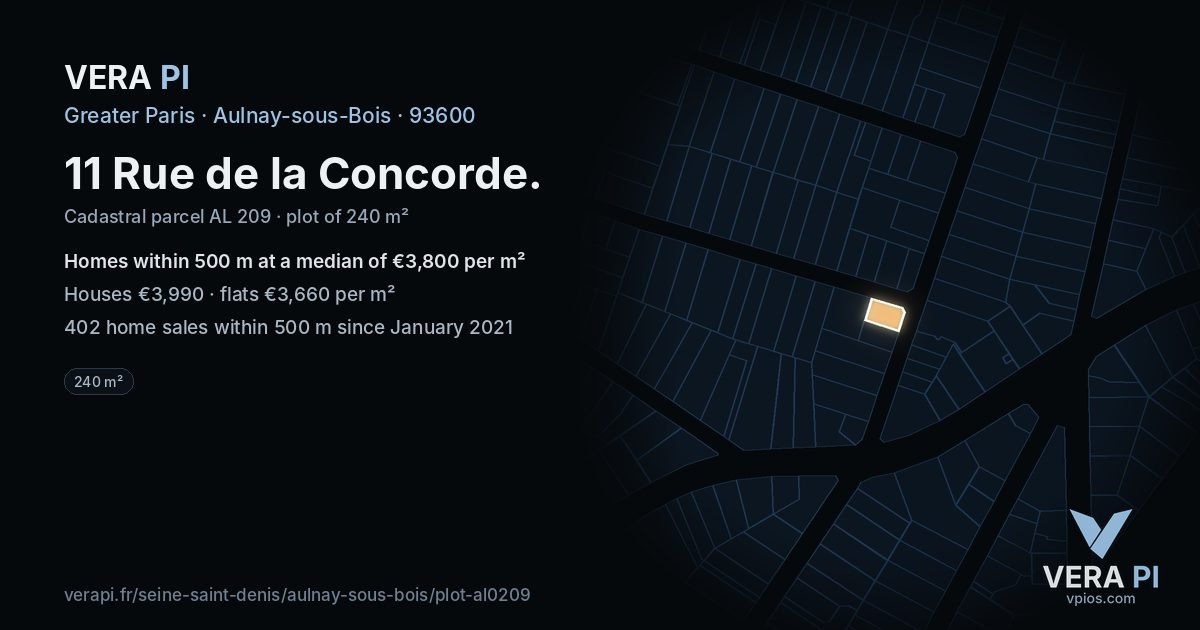 11 Rue de la Concorde, Aulnay-sous-Bois at night – the plot lit, the parcels around coloured by the prices near them