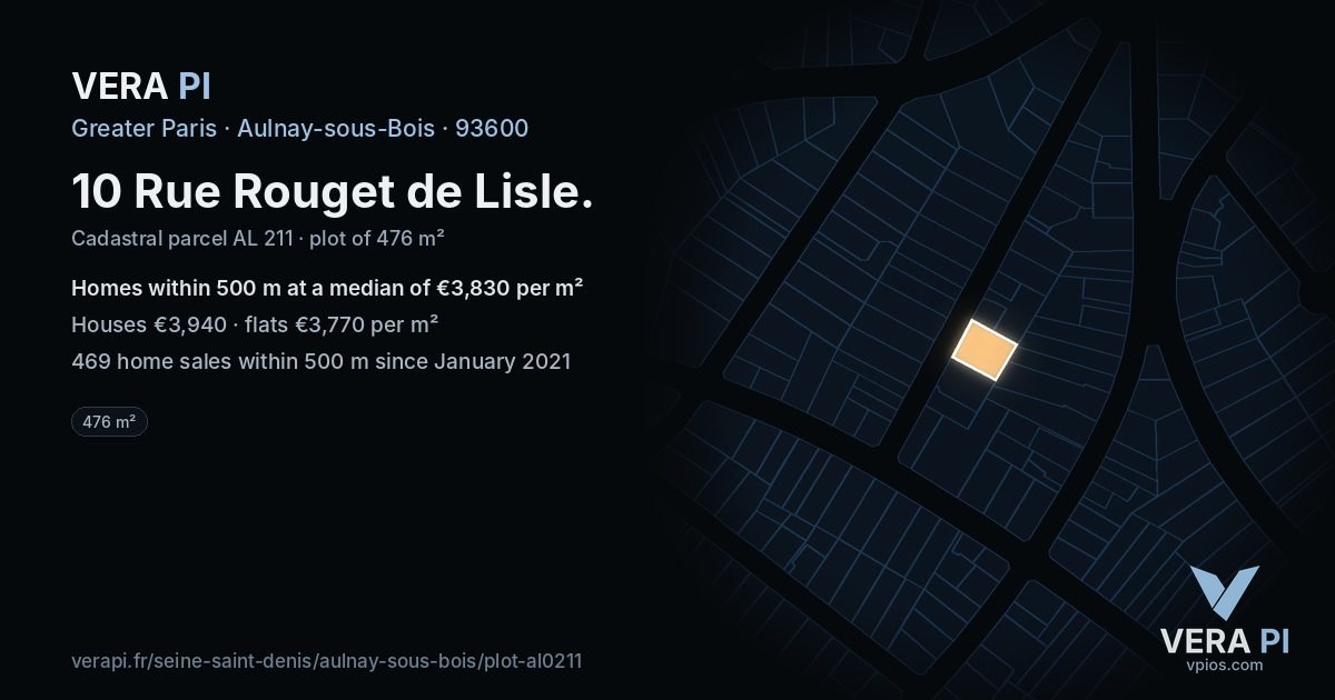 10 Rue Rouget de Lisle, Aulnay-sous-Bois at night – the plot lit, the parcels around coloured by the prices near them