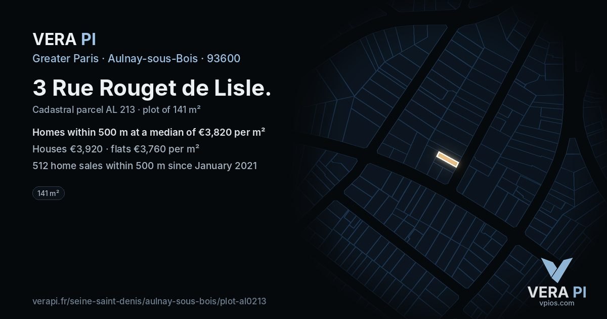 3 Rue Rouget de Lisle, Aulnay-sous-Bois at night – the plot lit, the parcels around coloured by the prices near them