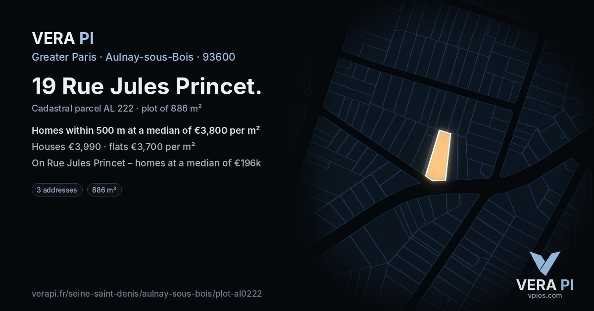 19 Rue Jules Princet, Aulnay-sous-Bois at night – the plot lit, the parcels around coloured by the prices near them