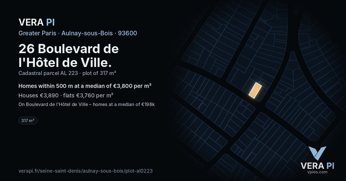 26 Boulevard de l'Hôtel de Ville, Aulnay-sous-Bois at night – the plot lit, the parcels around coloured by the prices near them