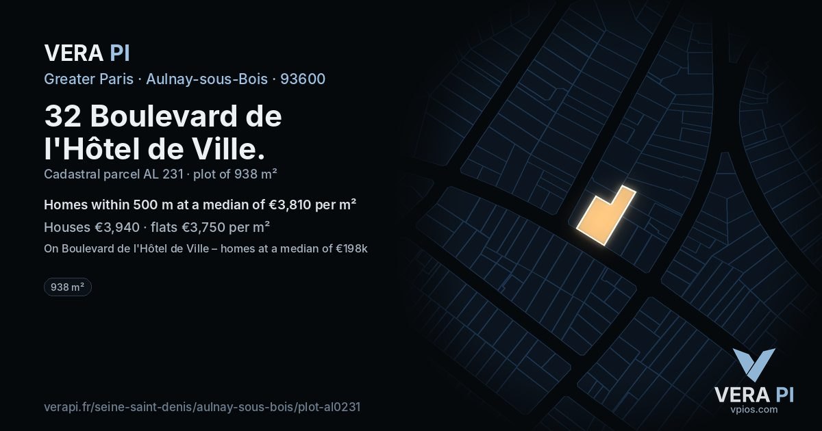 32 Boulevard de l'Hôtel de Ville, Aulnay-sous-Bois at night – the plot lit, the parcels around coloured by the prices near them