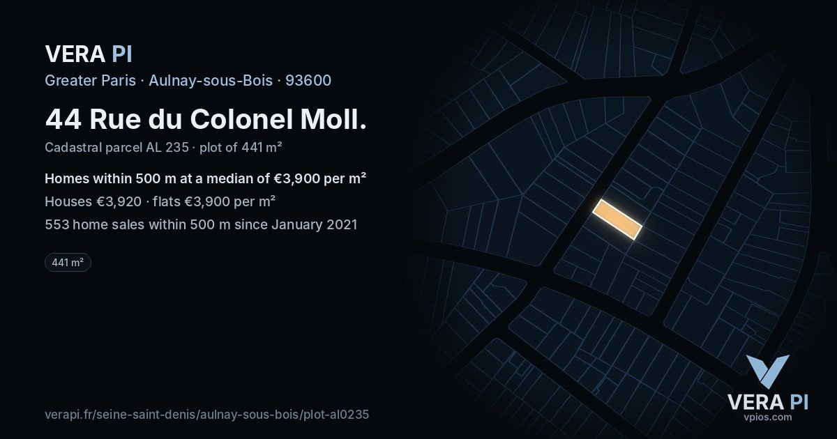 44 Rue du Colonel Moll, Aulnay-sous-Bois at night – the plot lit, the parcels around coloured by the prices near them