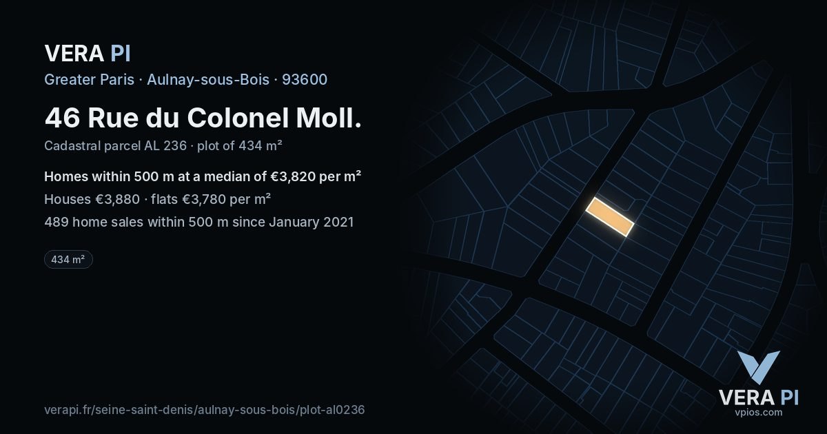 46 Rue du Colonel Moll, Aulnay-sous-Bois at night – the plot lit, the parcels around coloured by the prices near them
