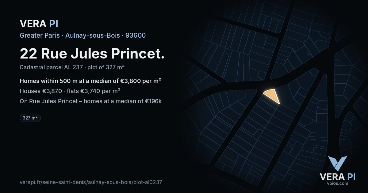 22 Rue Jules Princet, Aulnay-sous-Bois at night – the plot lit, the parcels around coloured by the prices near them