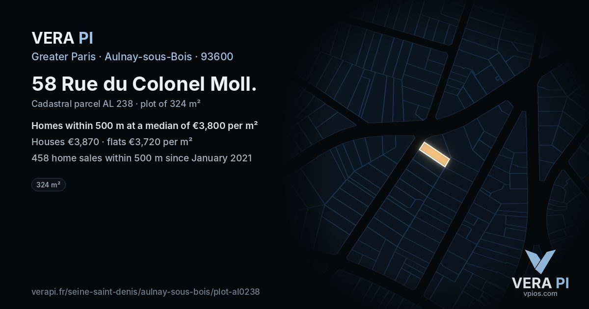58 Rue du Colonel Moll, Aulnay-sous-Bois at night – the plot lit, the parcels around coloured by the prices near them