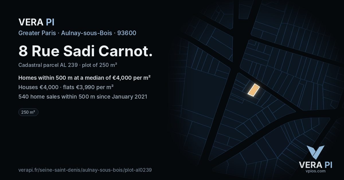 8 Rue Sadi Carnot, Aulnay-sous-Bois at night – the plot lit, the parcels around coloured by the prices near them