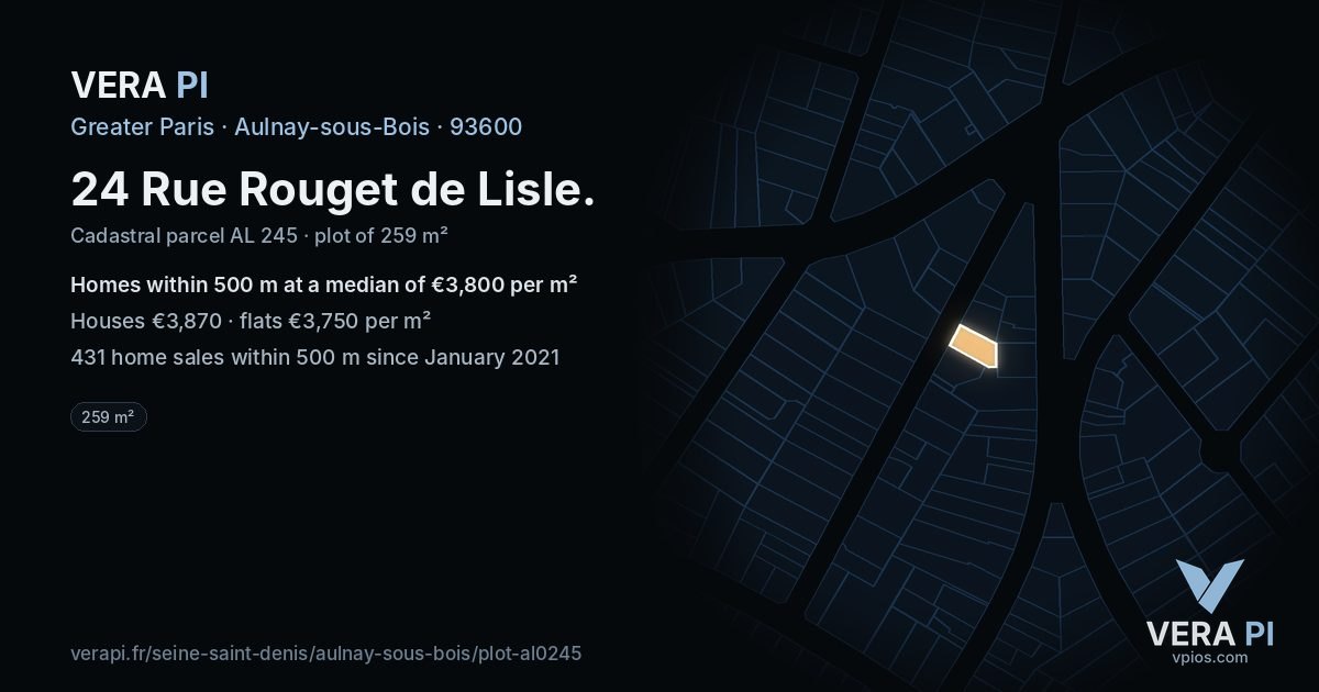 24 Rue Rouget de Lisle, Aulnay-sous-Bois at night – the plot lit, the parcels around coloured by the prices near them