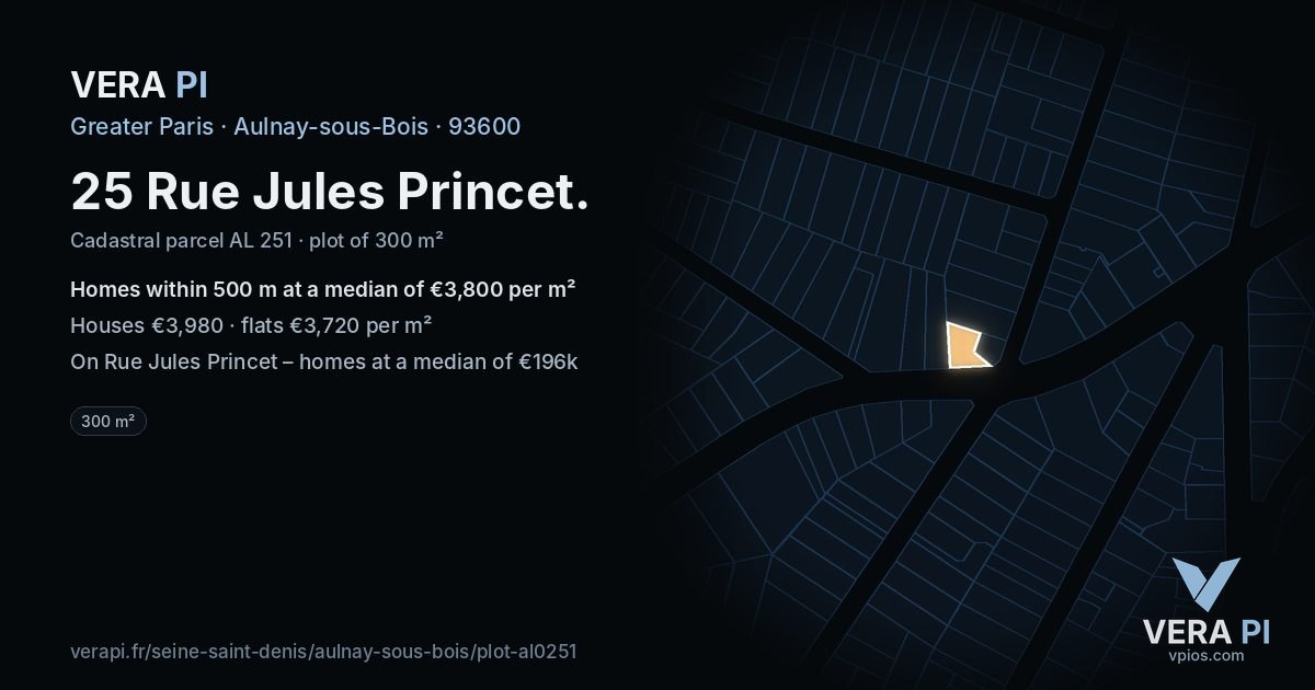 25 Rue Jules Princet, Aulnay-sous-Bois at night – the plot lit, the parcels around coloured by the prices near them