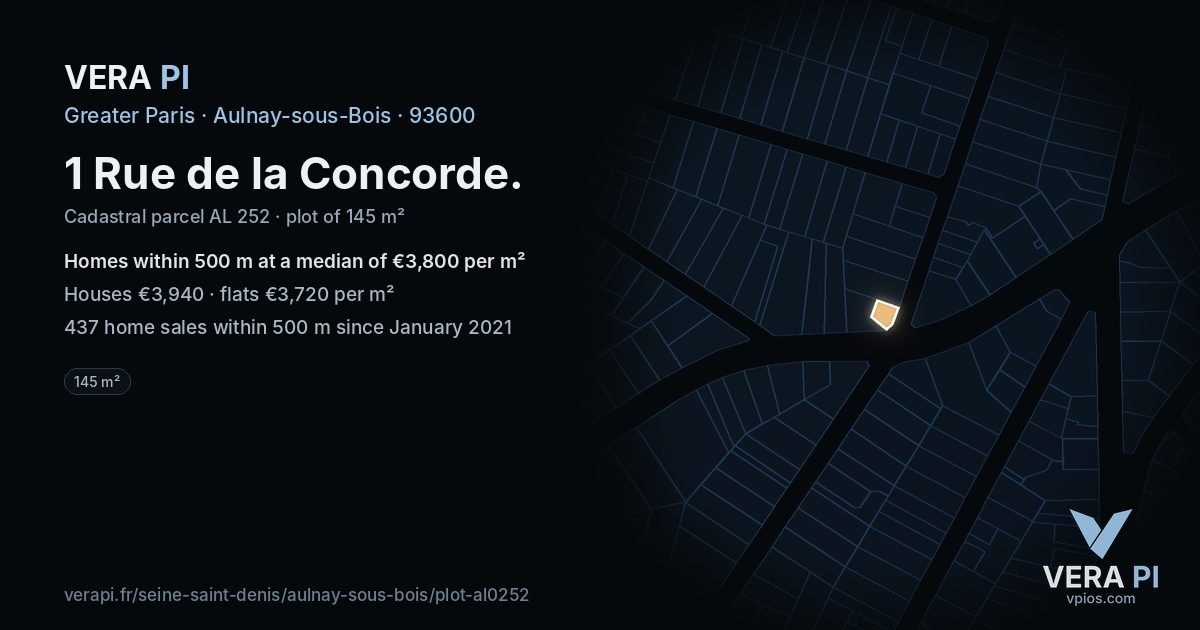 1 Rue de la Concorde, Aulnay-sous-Bois at night – the plot lit, the parcels around coloured by the prices near them