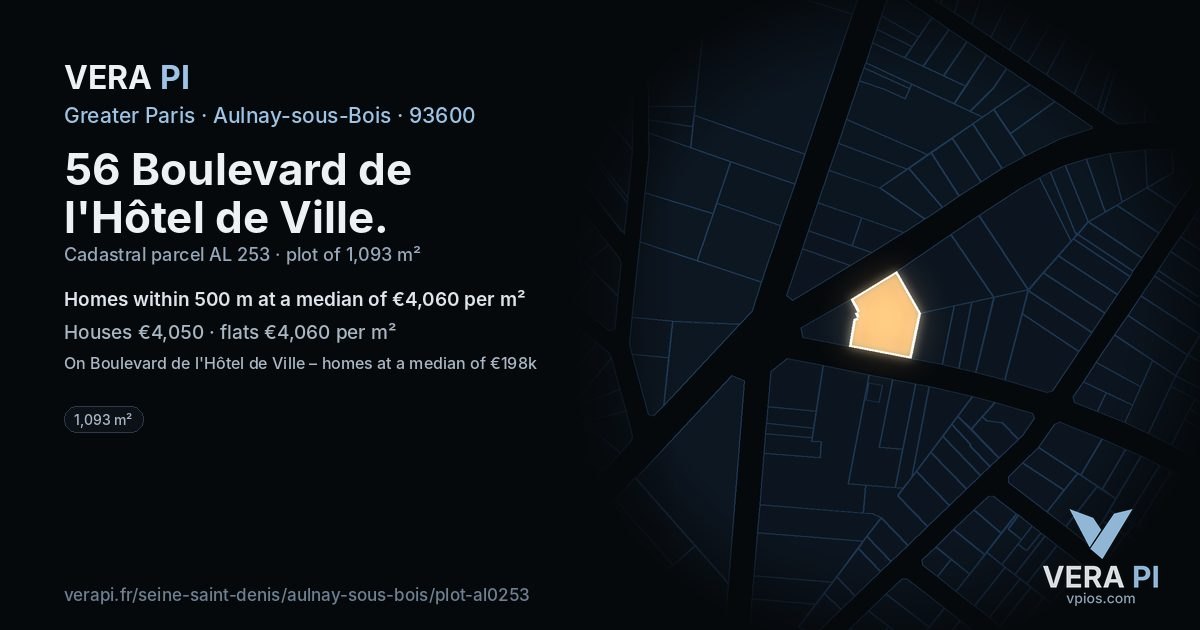 56 Boulevard de l'Hôtel de Ville, Aulnay-sous-Bois at night – the plot lit, the parcels around coloured by the prices near them