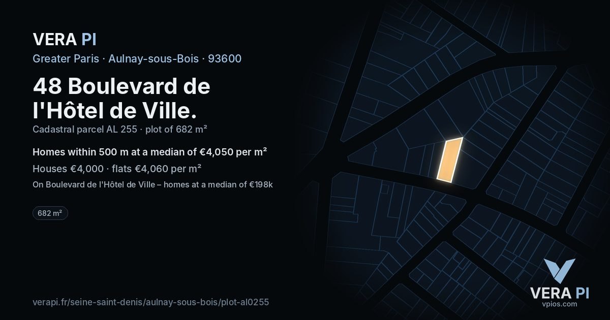 48 Boulevard de l'Hôtel de Ville, Aulnay-sous-Bois at night – the plot lit, the parcels around coloured by the prices near them