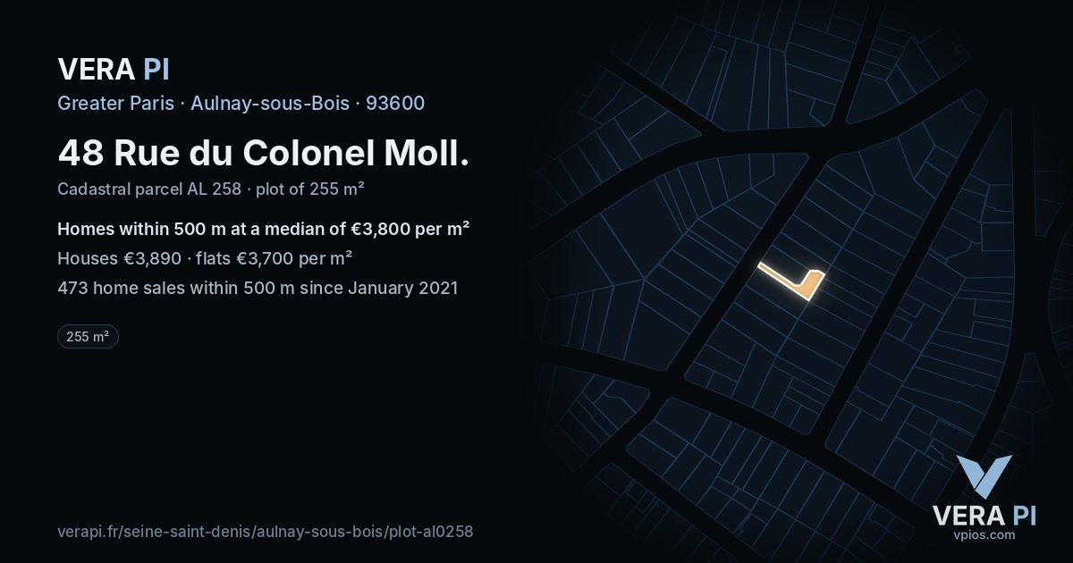 48 Rue du Colonel Moll, Aulnay-sous-Bois at night – the plot lit, the parcels around coloured by the prices near them