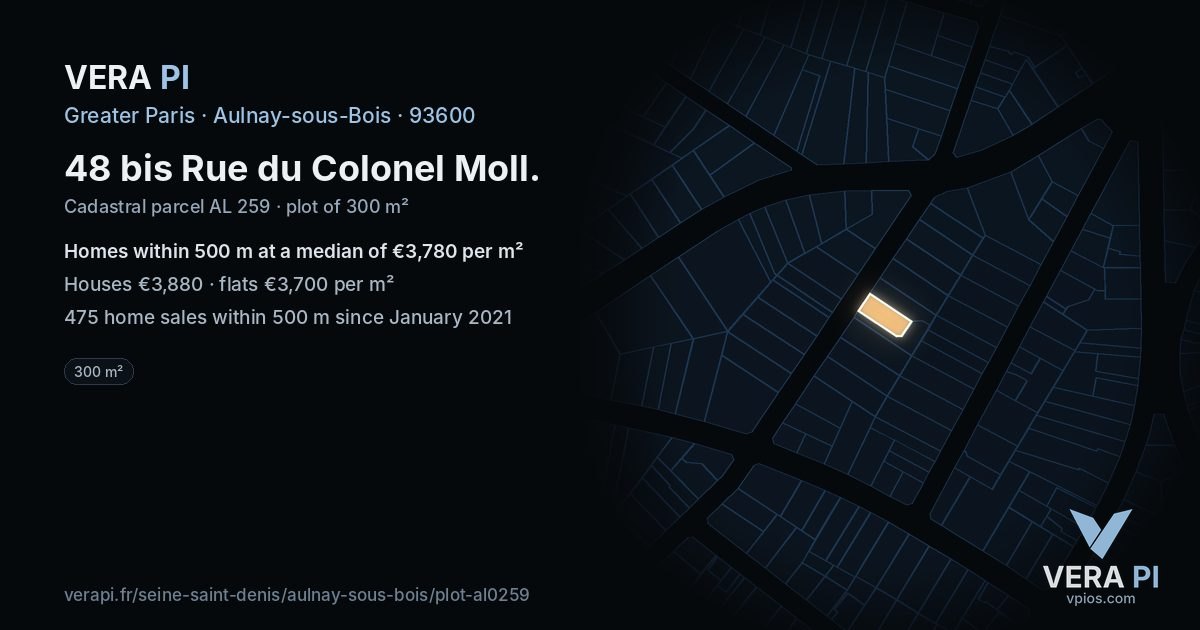 48 bis Rue du Colonel Moll, Aulnay-sous-Bois at night – the plot lit, the parcels around coloured by the prices near them