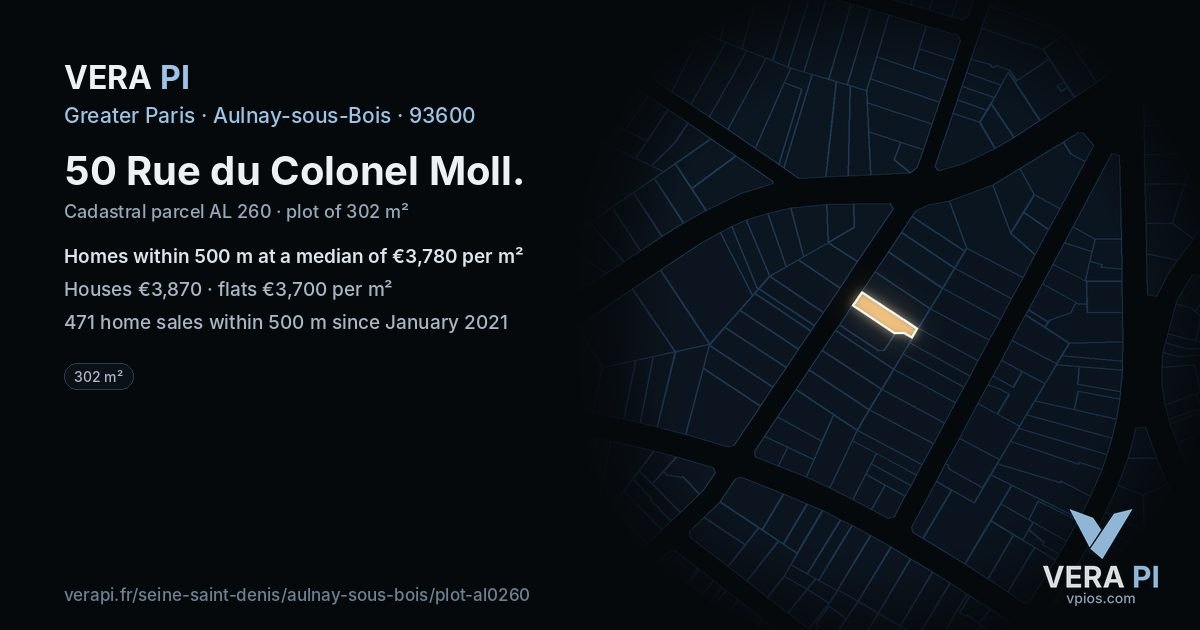 50 Rue du Colonel Moll, Aulnay-sous-Bois at night – the plot lit, the parcels around coloured by the prices near them