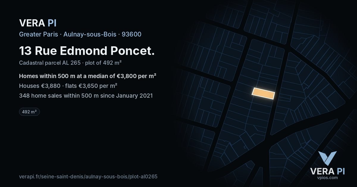 13 Rue Edmond Poncet, Aulnay-sous-Bois at night – the plot lit, the parcels around coloured by the prices near them