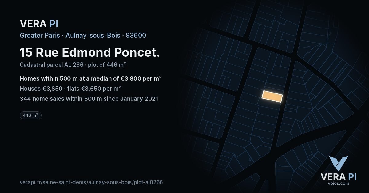 15 Rue Edmond Poncet, Aulnay-sous-Bois at night – the plot lit, the parcels around coloured by the prices near them