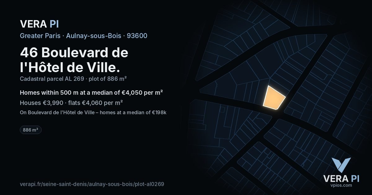 46 Boulevard de l'Hôtel de Ville, Aulnay-sous-Bois at night – the plot lit, the parcels around coloured by the prices near them