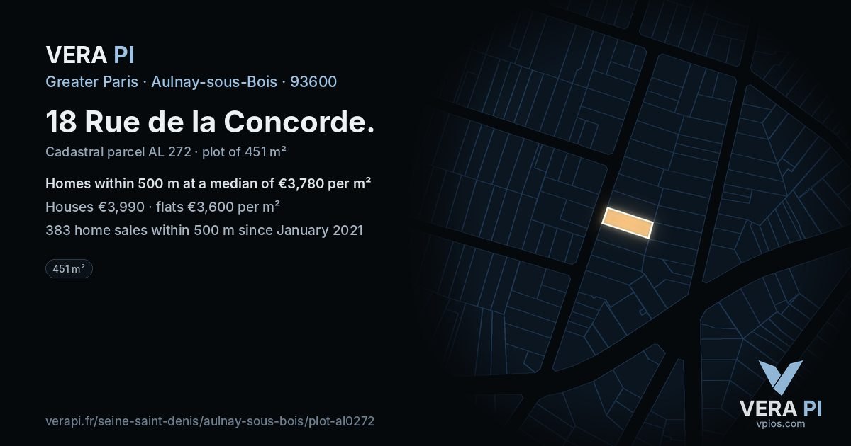 18 Rue de la Concorde, Aulnay-sous-Bois at night – the plot lit, the parcels around coloured by the prices near them