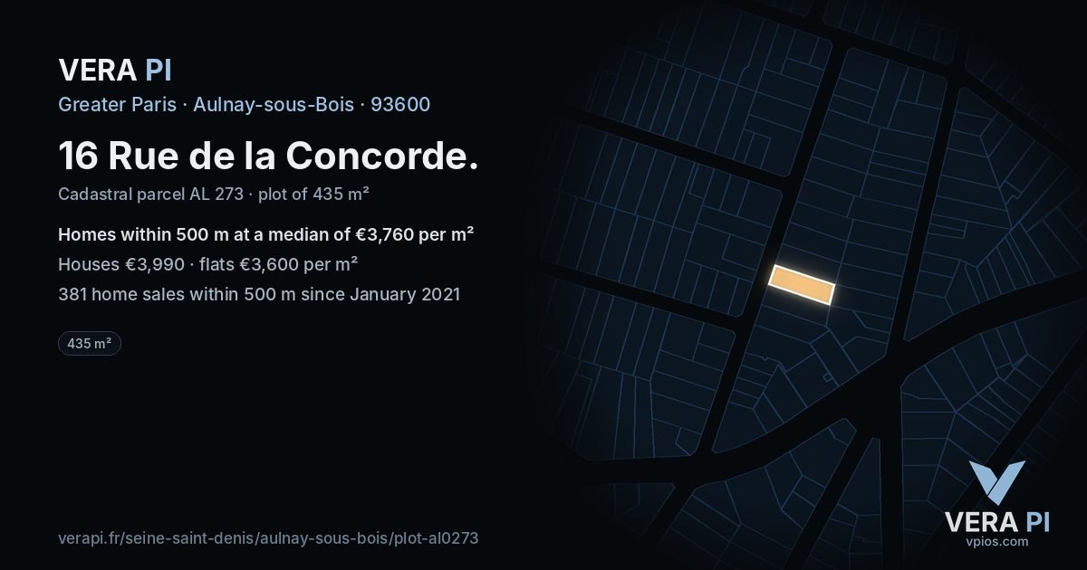 16 Rue de la Concorde, Aulnay-sous-Bois at night – the plot lit, the parcels around coloured by the prices near them