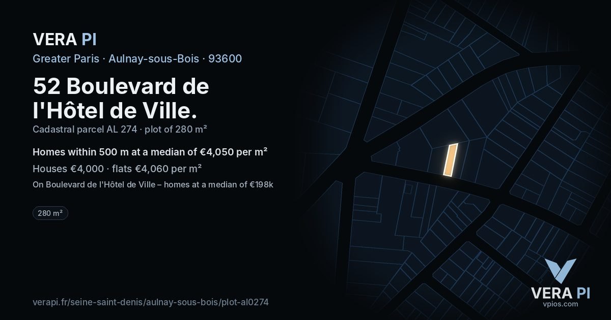52 Boulevard de l'Hôtel de Ville, Aulnay-sous-Bois at night – the plot lit, the parcels around coloured by the prices near them