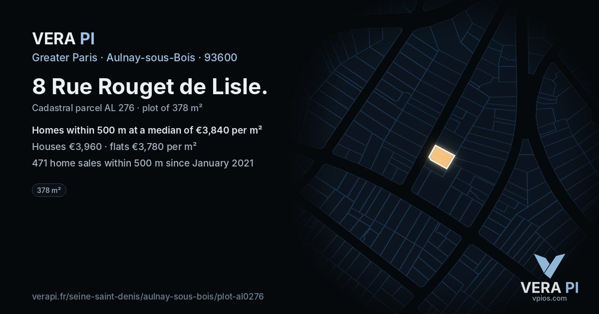8 Rue Rouget de Lisle, Aulnay-sous-Bois at night – the plot lit, the parcels around coloured by the prices near them
