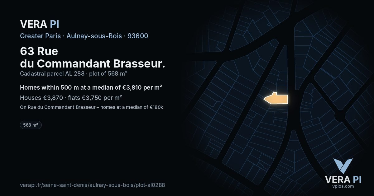 63 Rue du Commandant Brasseur, Aulnay-sous-Bois at night – the plot lit, the parcels around coloured by the prices near them